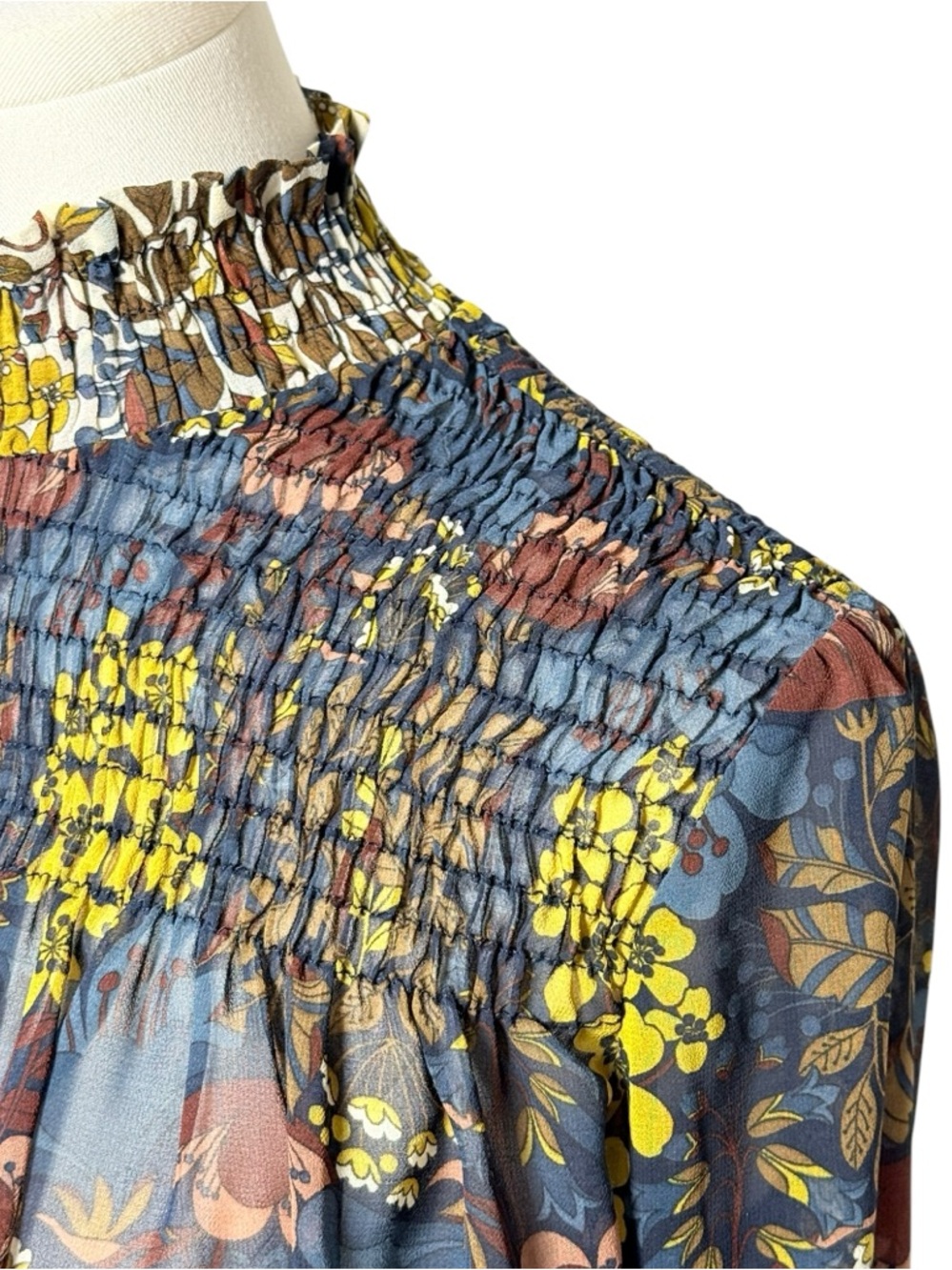 Zara Trafaluc Floral Smocked High Neck Blouse Sheer Black Size Small - Picture 5 of 8